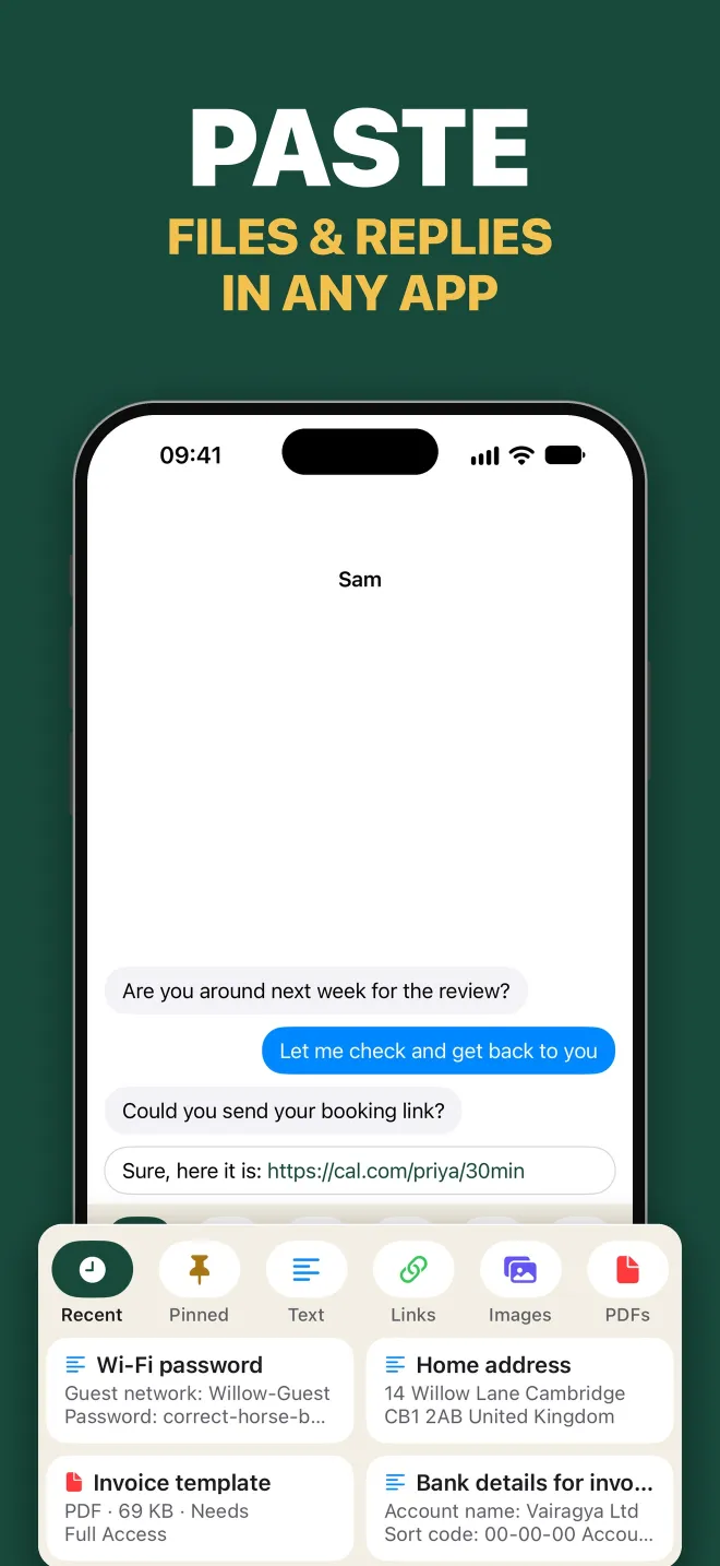 Paste files and replies in any app: the Handy keyboard showing saved snippets under a chat.