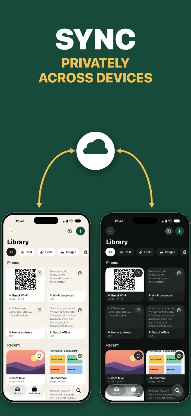 Sync privately across devices: the same library on two iPhones, linked through iCloud.
